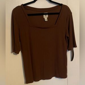 Amazon Aware Women's Modal Ribbed Elbow Sleeve Square Neck T-Shirt, L, Brown